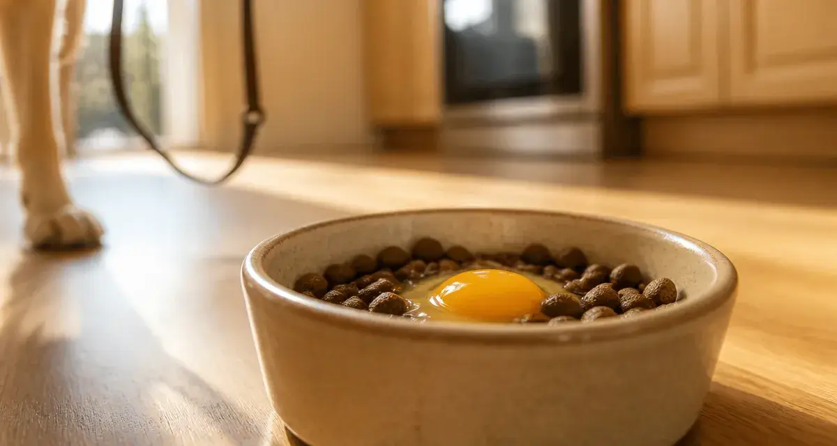 Jaune d oeuf chien dans une gamelle avec croquettes