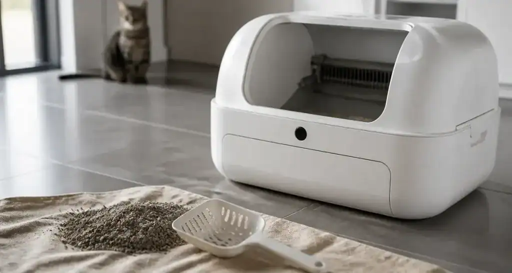 Litière auto nettoyante sur carrelage, mécanisme interne visible, chat en attente