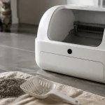 Litière auto nettoyante sur carrelage, mécanisme interne visible, chat en attente