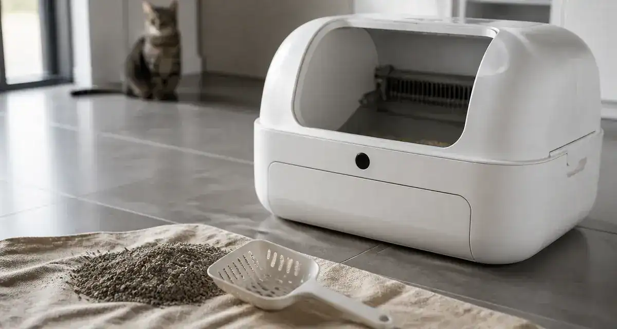 Litière auto nettoyante sur carrelage, mécanisme interne visible, chat en attente