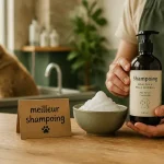 Meilleur shampoing chien : bouteille et pH près du lavabo