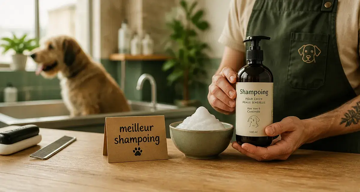 Meilleur shampoing chien : bouteille et pH près du lavabo