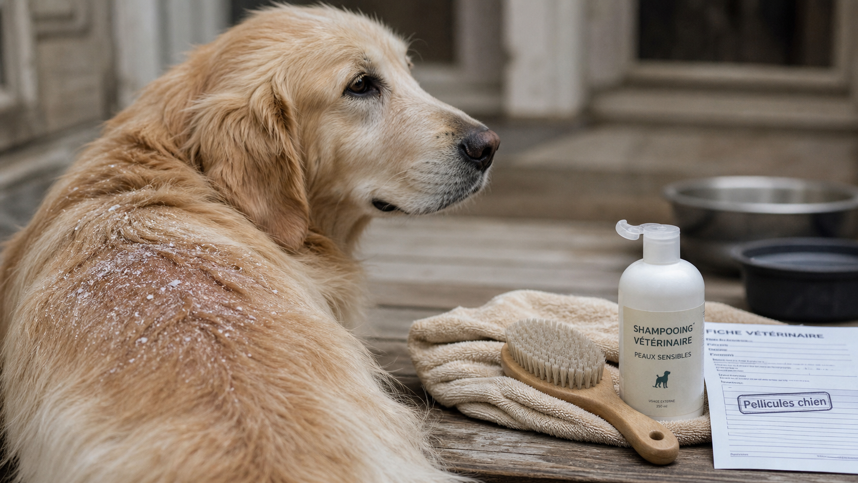 Pellicules chien : squames blanches sur pelage, shampooing vétérinaire
