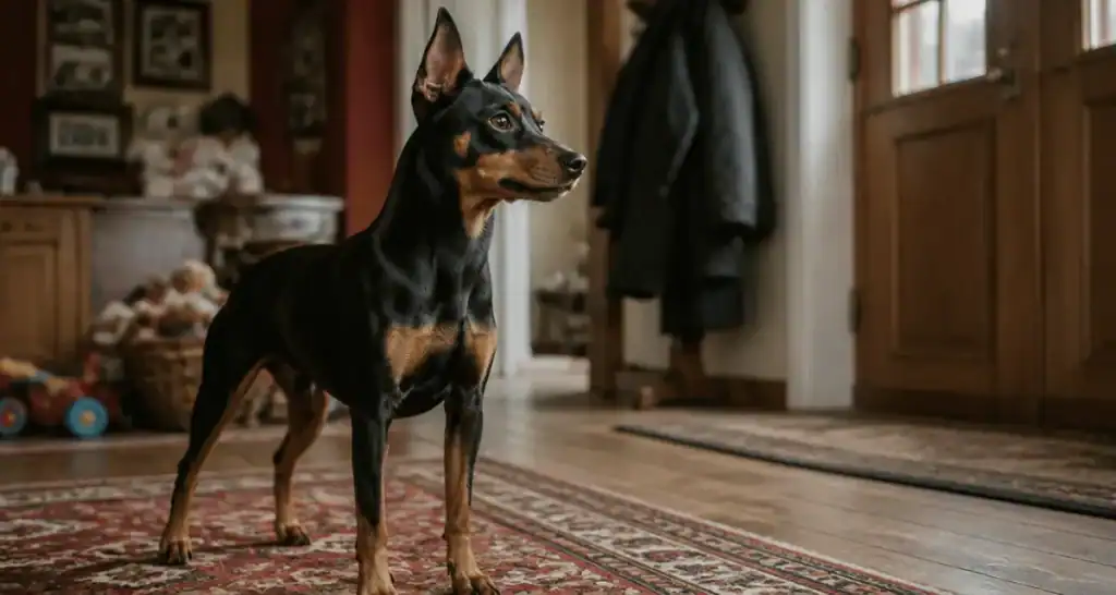 Pinscher nain caractère attentif dans un salon