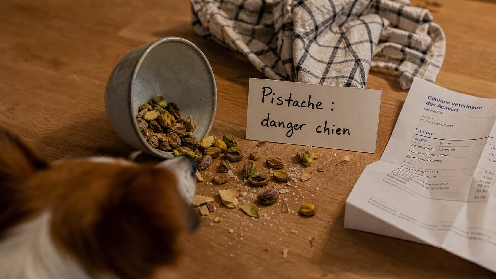 Pistache chien : chien près de pistaches renversées