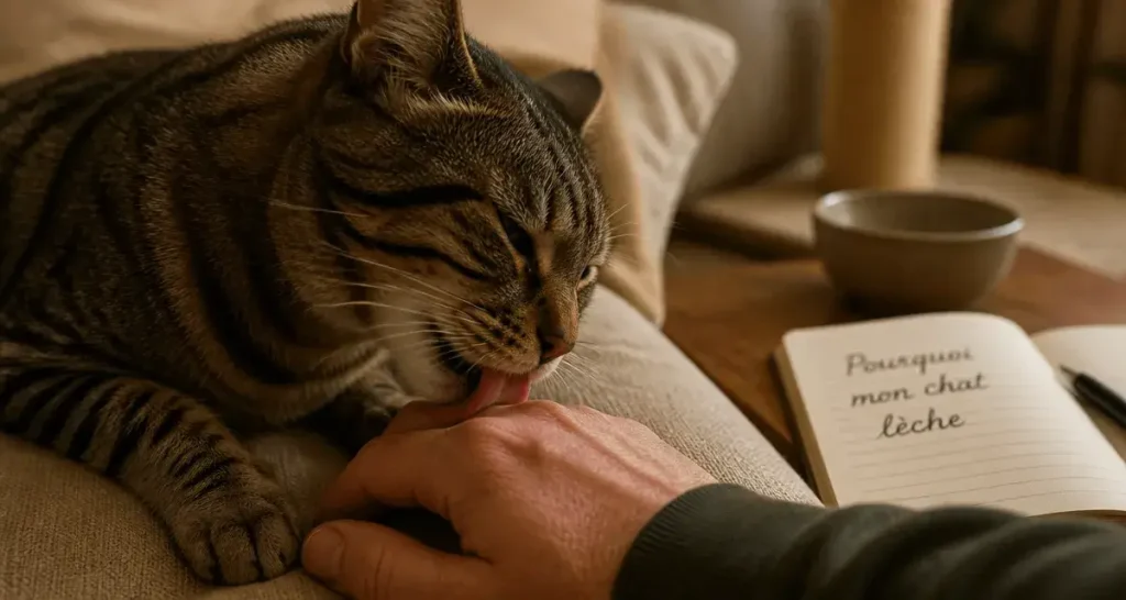 Pourquoi mon chat me lèche : chat tigré léchant la main, affection