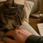 Pourquoi mon chat me lèche : chat tigré léchant la main, affection