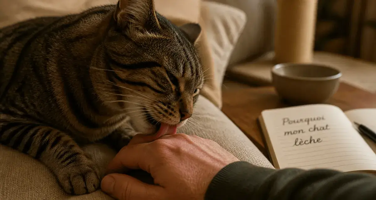 Pourquoi mon chat me lèche : chat tigré léchant la main, affection