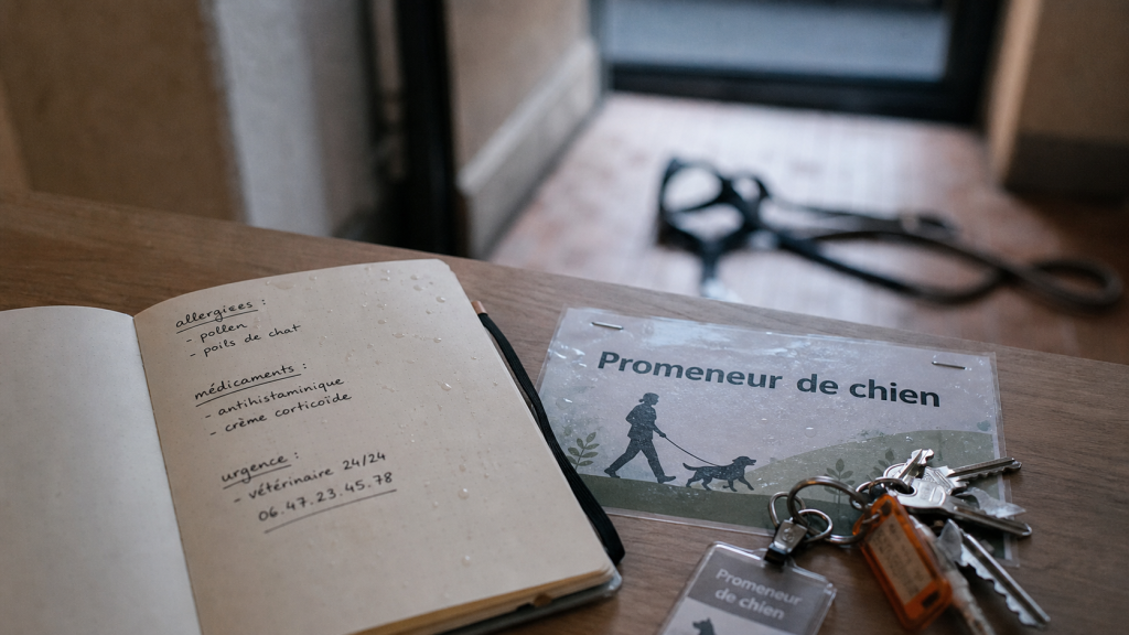 Promeneur de chien : carnet de sécurité, harnais et laisse à l’entrée