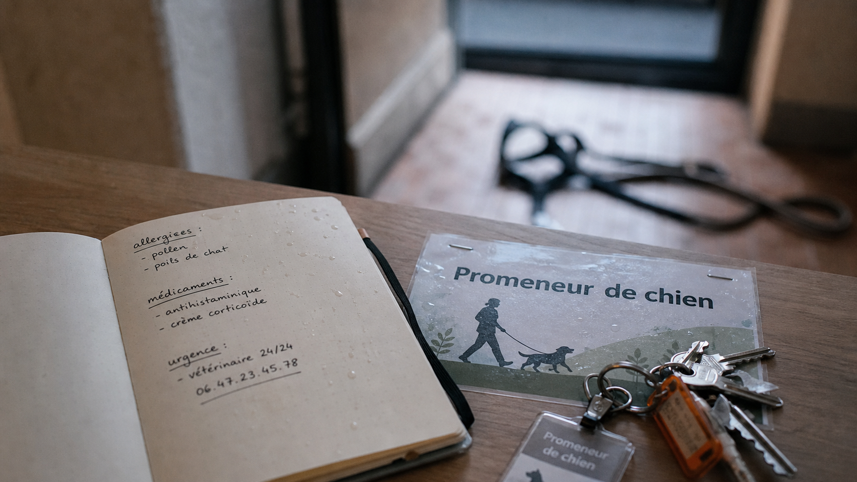 Promeneur de chien : carnet de sécurité, harnais et laisse à l’entrée
