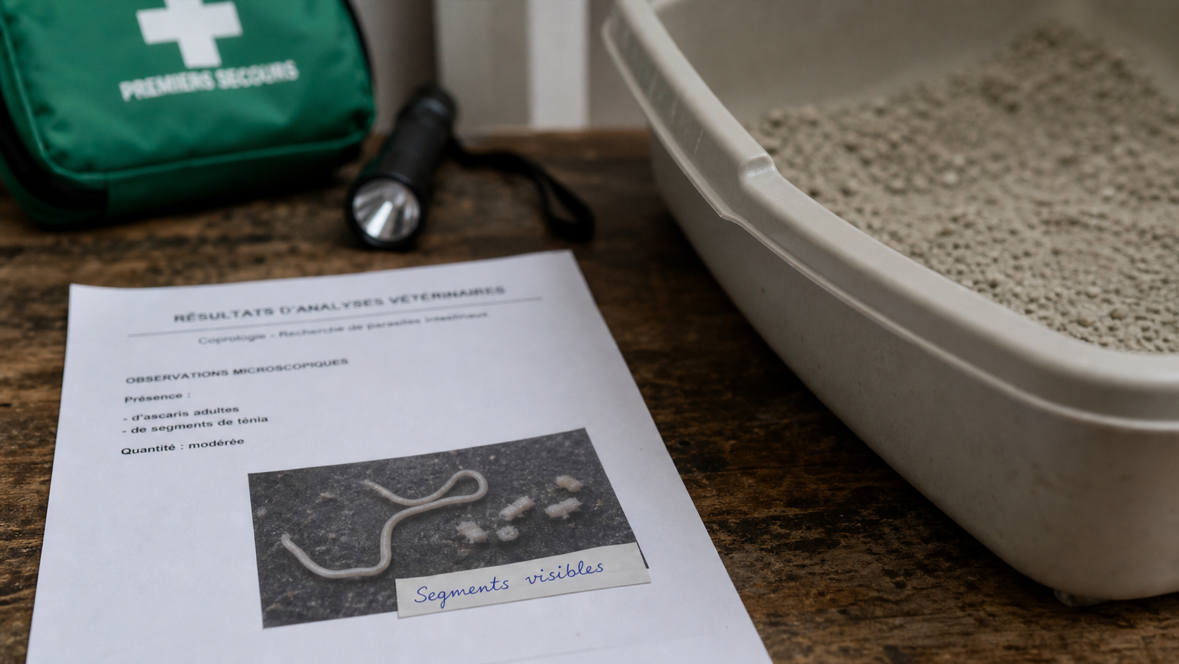 vers du chat photo : segments visibles sur feuille vétérinaire