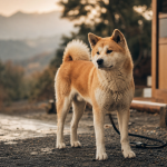 Akita chien japonais sur gravier humide, regard sérieux