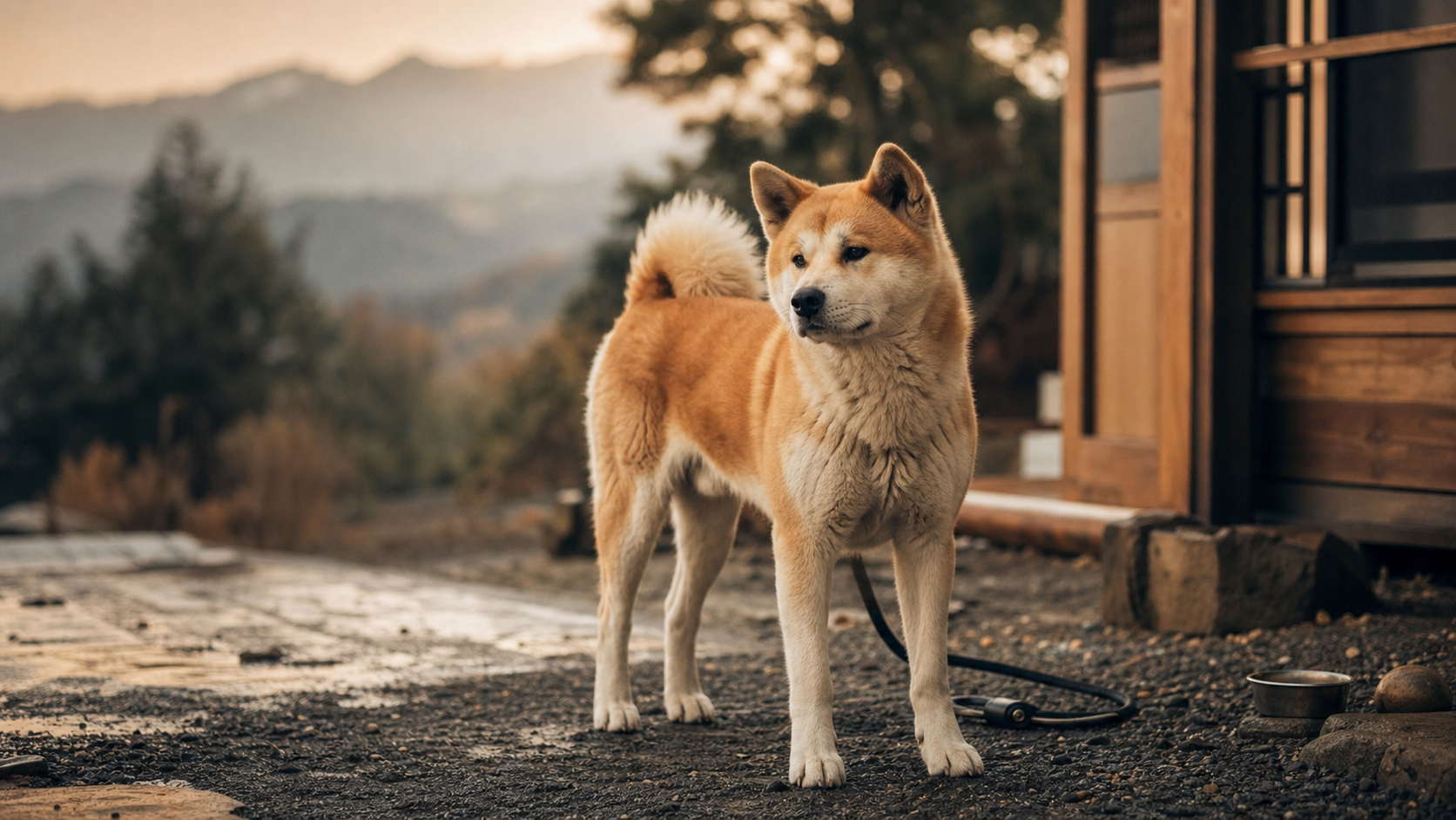 Akita chien japonais sur gravier humide, regard sérieux