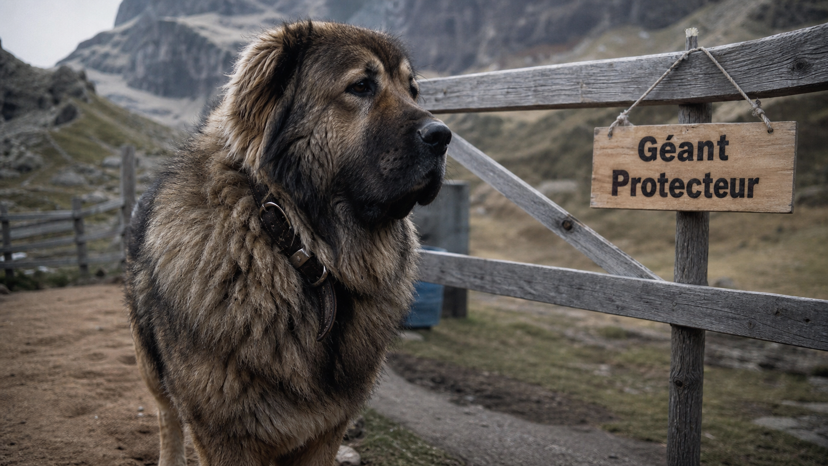 Berger caucase geant, chien protecteur massif devant clôture bois
