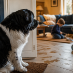 Caractere du terre neuve, chien doux noir et blanc près d’une porte, ambiance familiale