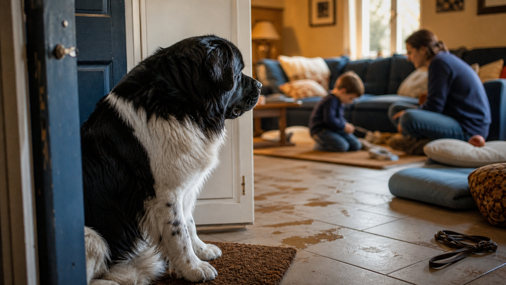 Caractere du terre neuve, chien doux noir et blanc près d’une porte, ambiance familiale
