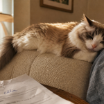 Chat calin Ragdoll installé sur canapé, tête contre l’épaule