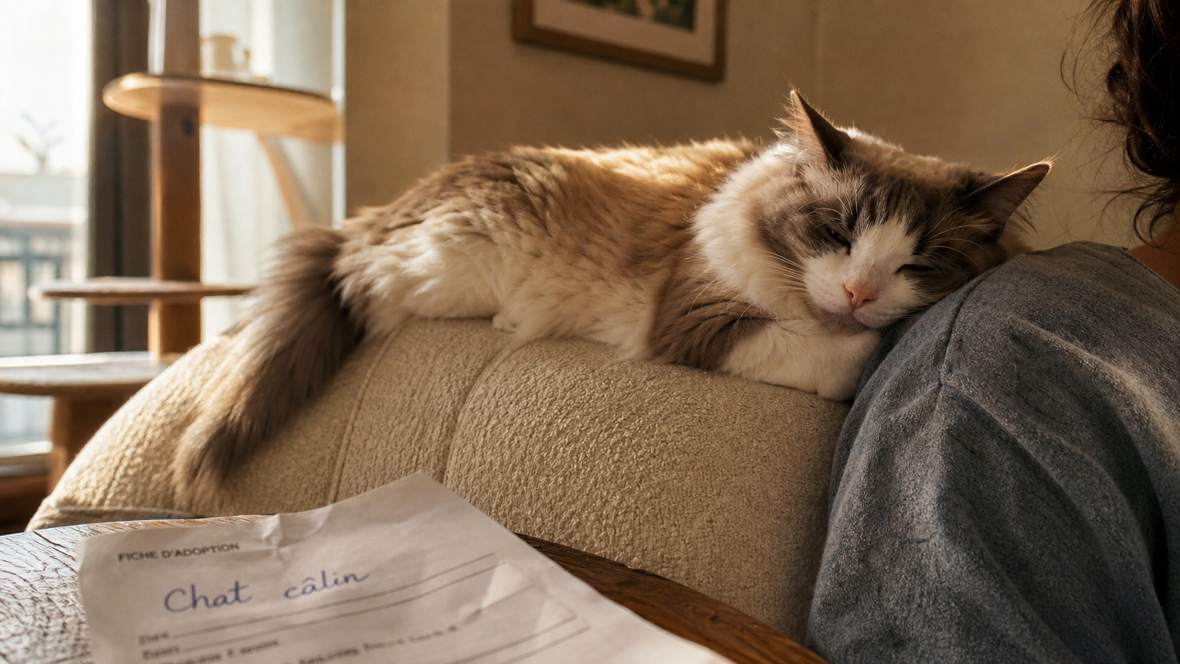 Chat calin Ragdoll installé sur canapé, tête contre l’épaule
