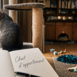 Chat d'appartement calme près d’un arbre à chat en intérieur