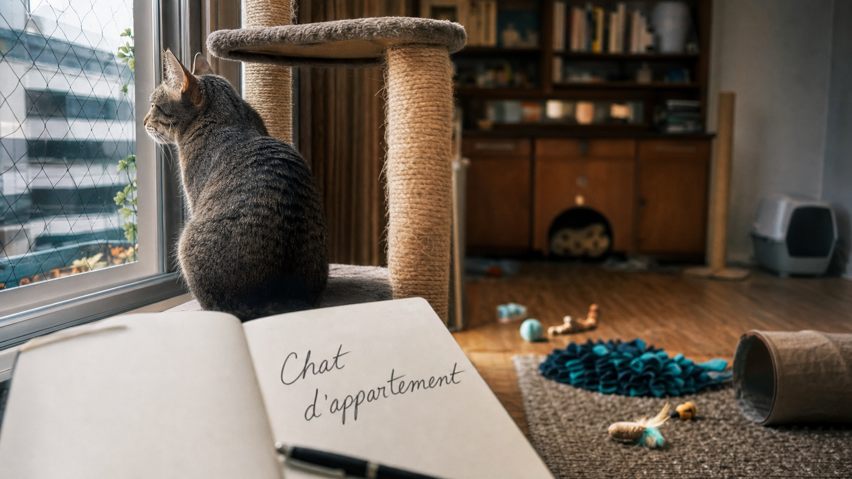 Chat d'appartement calme près d’un arbre à chat en intérieur