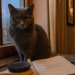 Chat gris bleu sur rebord de fenêtre, intérieur cosy