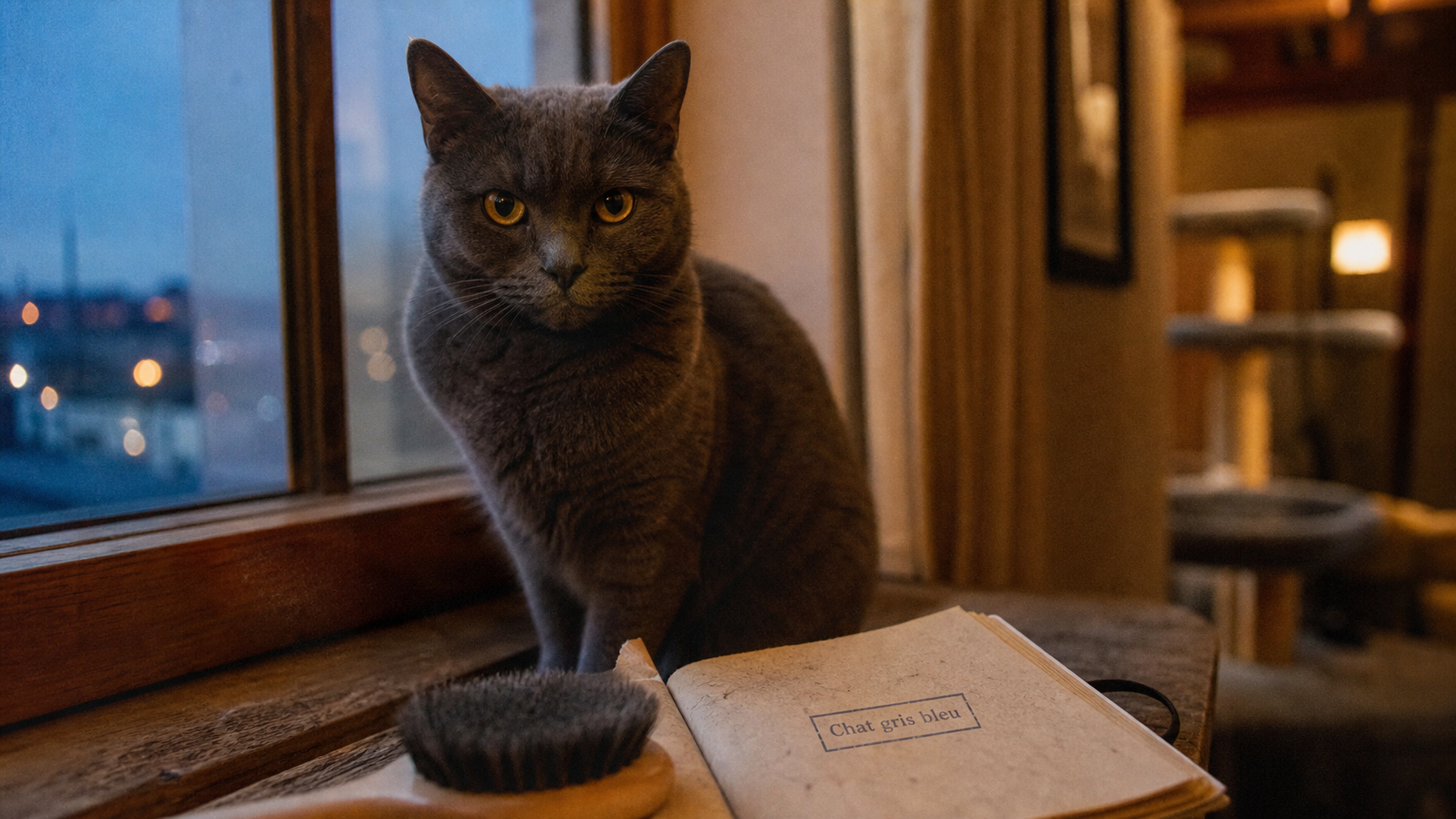 Chat gris bleu sur rebord de fenêtre, intérieur cosy