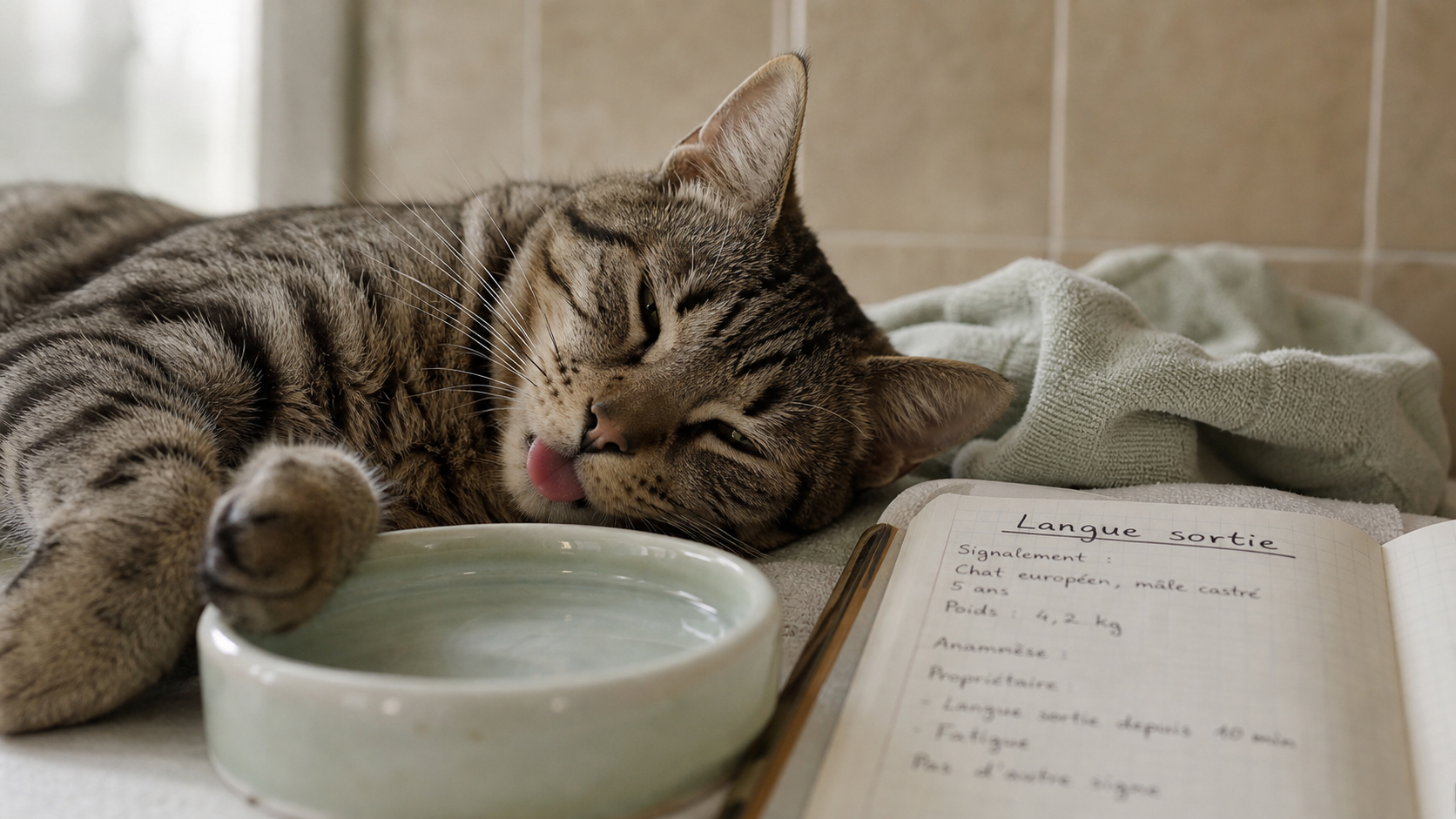Chat qui tire la langue, détendu ou douloureux : langue sortie