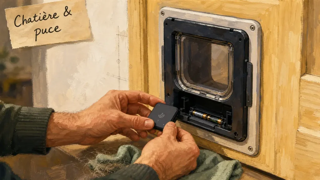 Chatiere connectée avec boîtier et pile, installée sur porte en bois