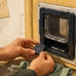 Chatiere connectée avec boîtier et pile, installée sur porte en bois