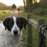 Chien blanc et noir sur une allée, photo Dalmatien avant adoption