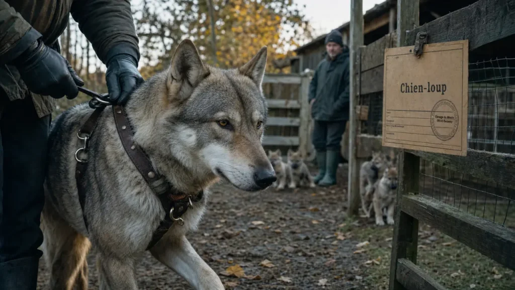 Chien-loup tchécoslovaque en longe dans une cour de ferme