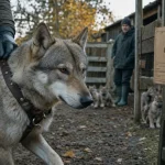 Chien-loup tchécoslovaque en longe dans une cour de ferme