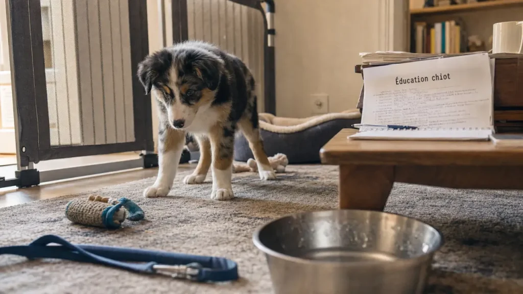 Chiot berger australien curieux près d’un jouet, dans un salon lumineux