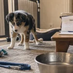 Chiot berger australien curieux près d’un jouet, dans un salon lumineux