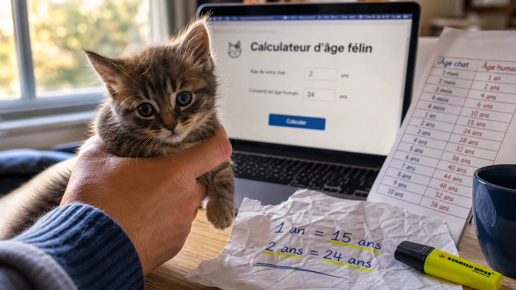 Convertisseur âge chat : 1 an = 15 ans humains