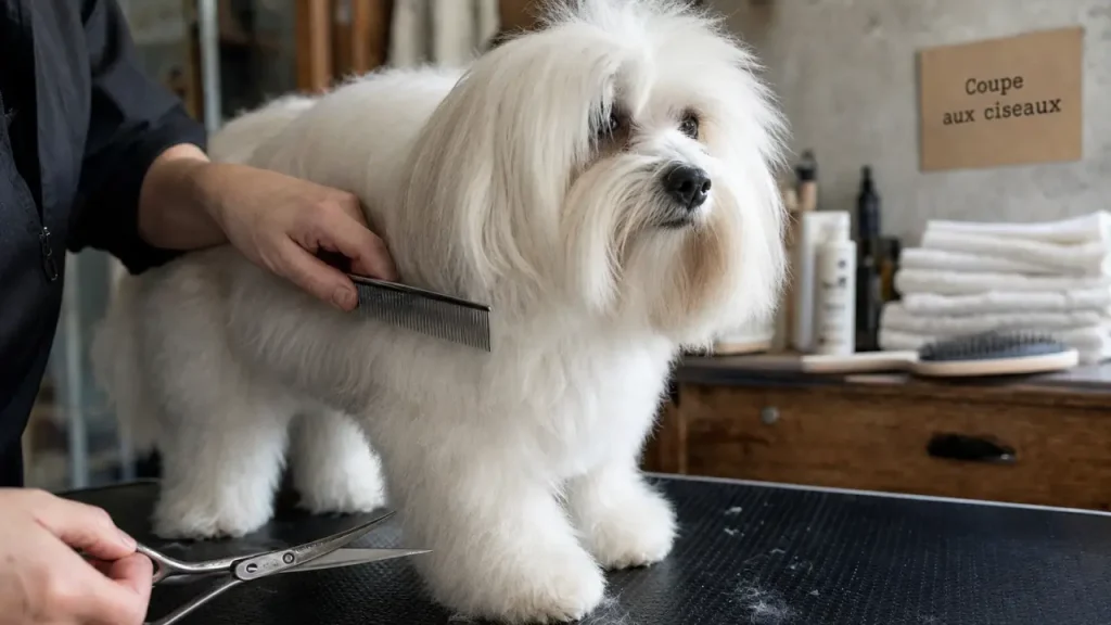 Coupe coton de tulear aux ciseaux en salon de toilettage