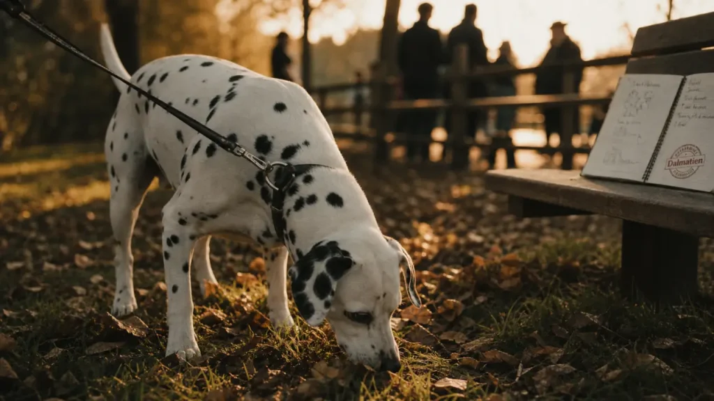 Dalmatien en laisse dans un parc urbain en fin de journée