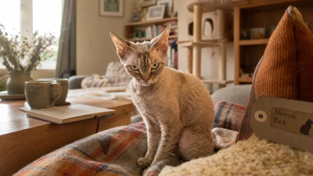 Devon Rex au poil court bouclé, assis sur un plaid, regarde l’objectif