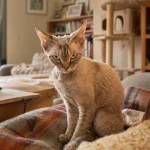 Devon Rex au poil court bouclé, assis sur un plaid, regarde l’objectif