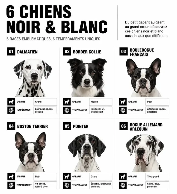 Comparatif de chien blanc et noir : Dalmatien, Border Collie, Bouledogue français, Boston Terrier, Pointer et Dogue allemand arlequin