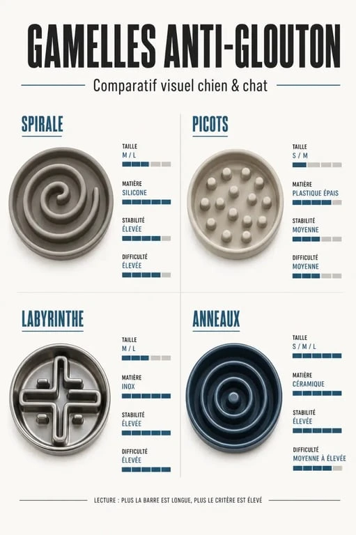 Comparatif de gamelle anti glouton pour chien et chat avec différents niveaux de reliefs