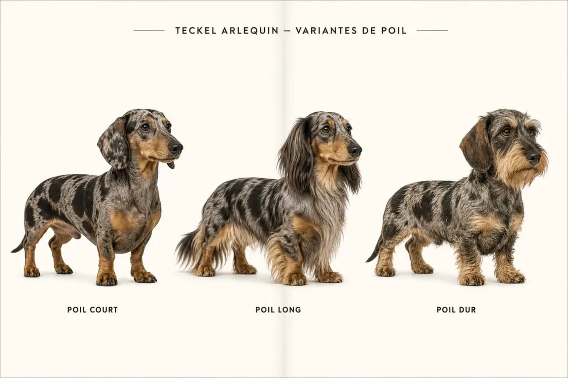 Teckel arlequin illustré en trois variantes de poil avec sa robe merle tachetée visible