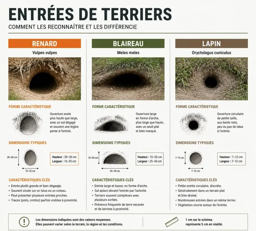 Comparaison visuelle des terriers de renard, blaireau et lapin pour identification sur le terrain