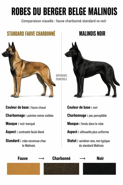 Comparatif visuel entre un Malinois standard et un Malinois noir