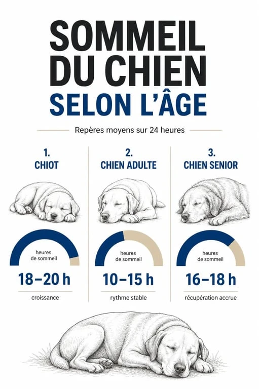 Un chien dort combien d'heures par jour : infographie des durées de sommeil selon chiot, adulte et senior