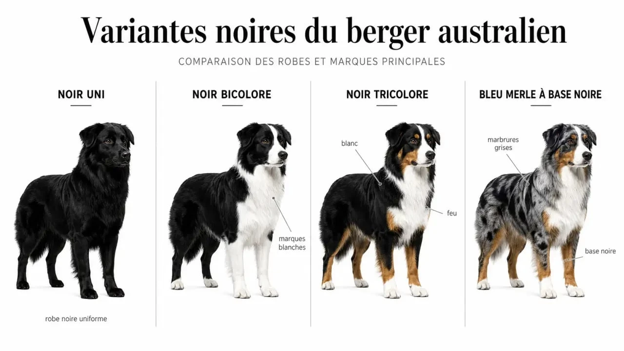 Berger australien noire : comparaison visuelle noir uni, bicolore, tricolore et bleu merle