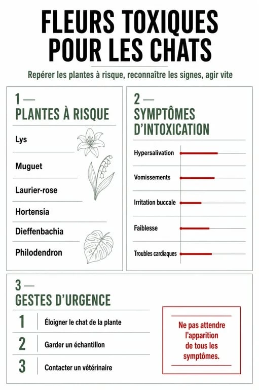 Fleurs toxiques pour les chats : infographie éditoriale des plantes dangereuses, des symptômes d’intoxication et des gestes d’urgence