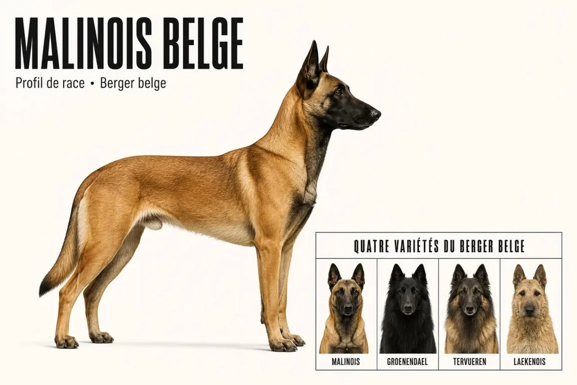 Malinois belge en illustration éditoriale comparé aux autres bergers belges