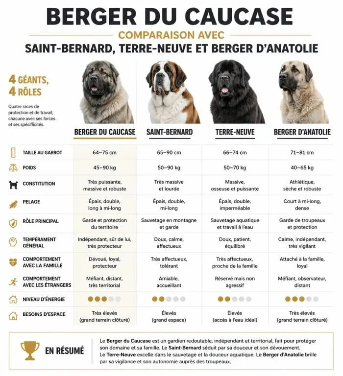 Infographie comparative des races de chiens géants incluant le Berger du Caucase