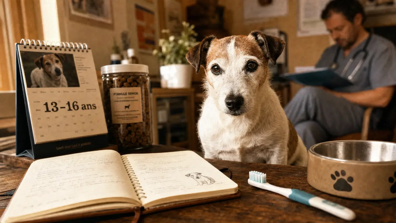 Espérance de vie jack russel, 13 à 16 ans : Jack Russell âgé près du carnet médical.
